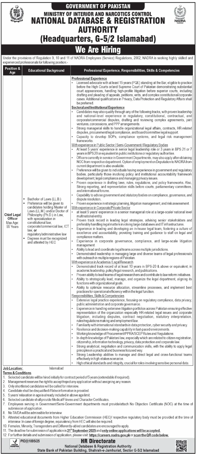 Latest National Database & Registration Authority NADRA Legal Posts Islamabad 2025 (1)
