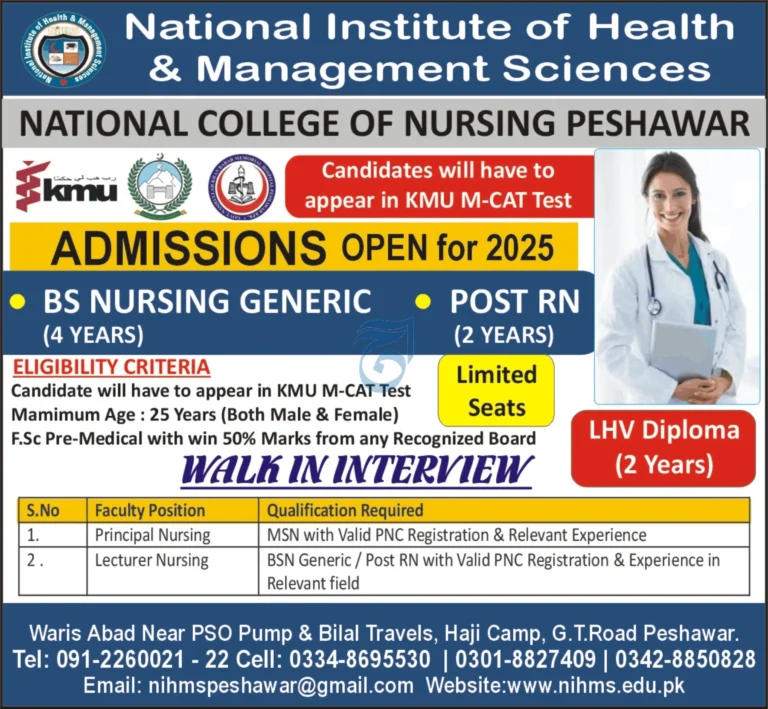 Latest National Institute of Health & Management Sciences Education Posts Peshawar 2025